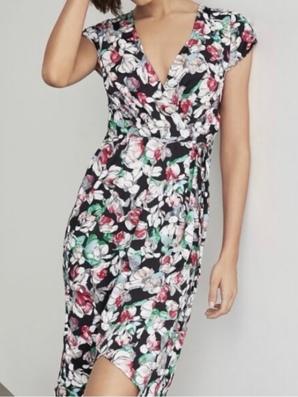BCBGMaxAzria Black Floral Wrap Dress with Pink and Green Accents